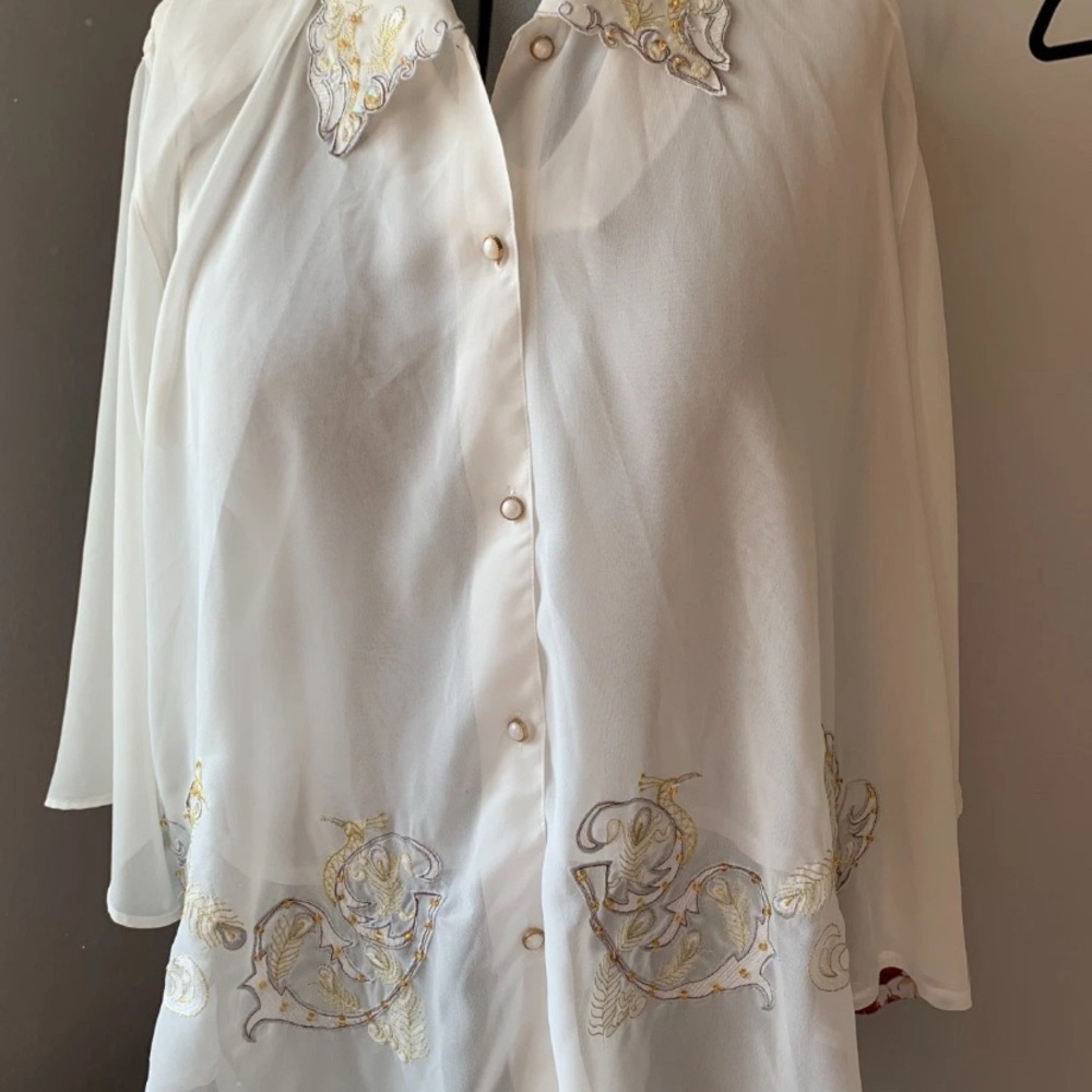 Vintage DJ Fashion Blouse Size Large. Sheer peacock embroidery.